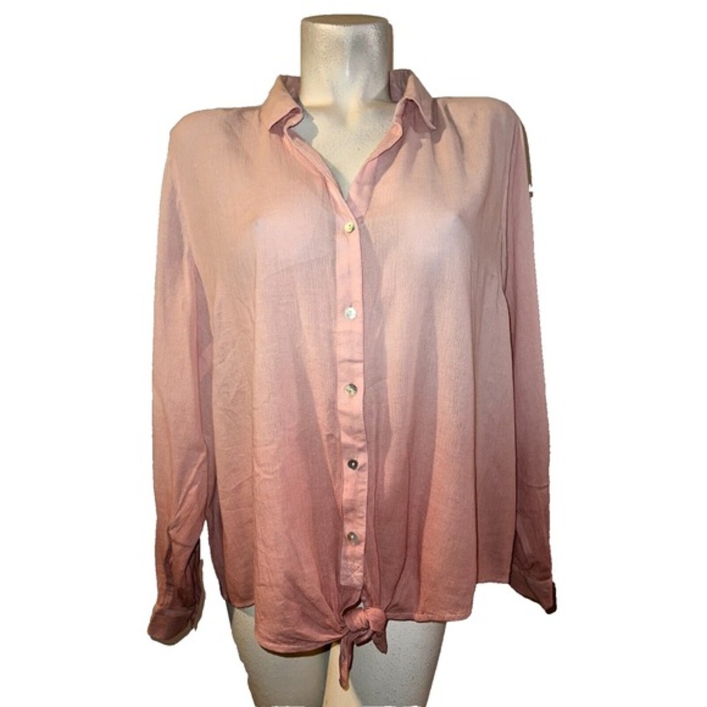 New J. Jill Dip Dyed Ombre Pink Button Down Shirt Top Tie Front Size L Boho Vaca